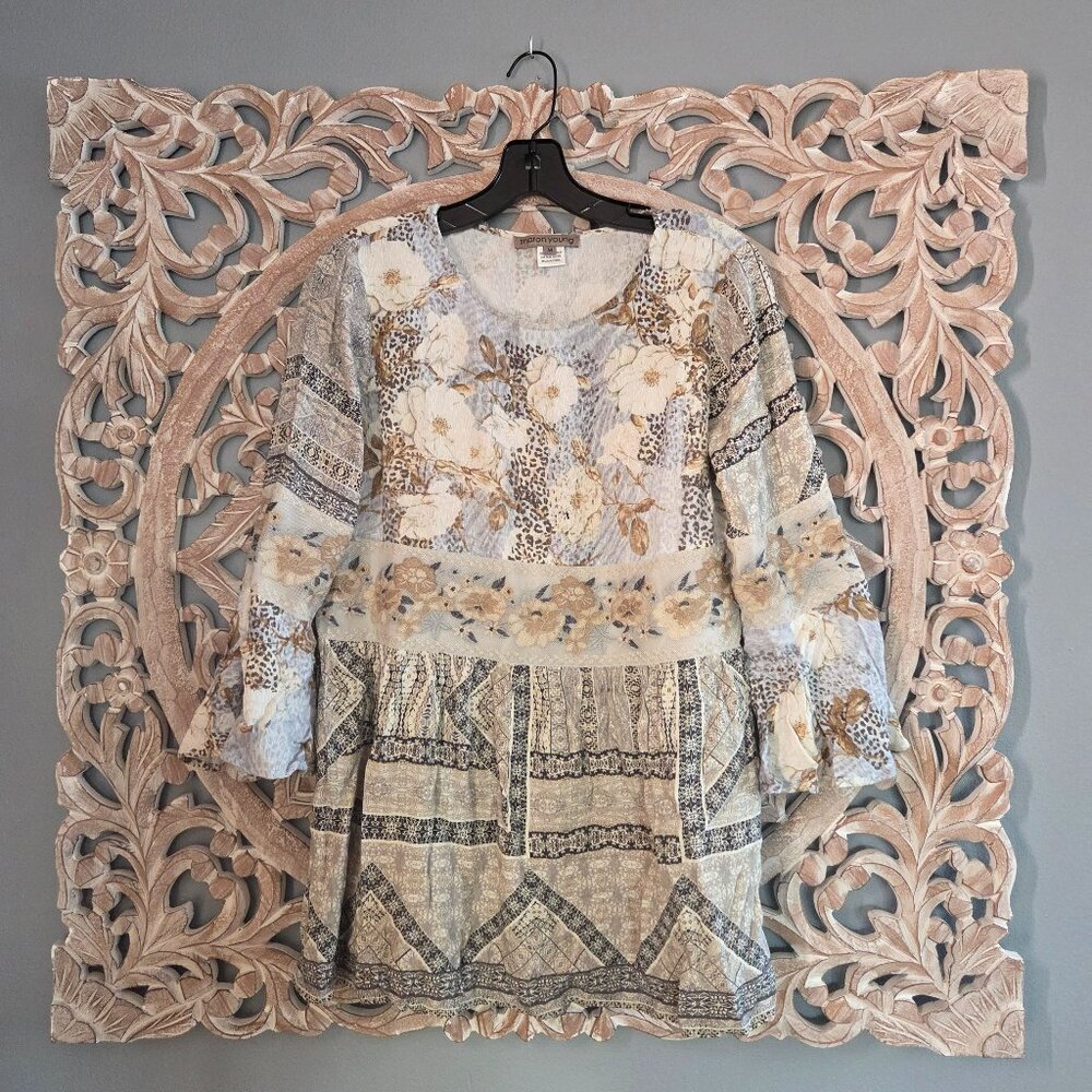 Sharon Young Floral Embroidered Boho Tunic Top long sleeve Size Medium